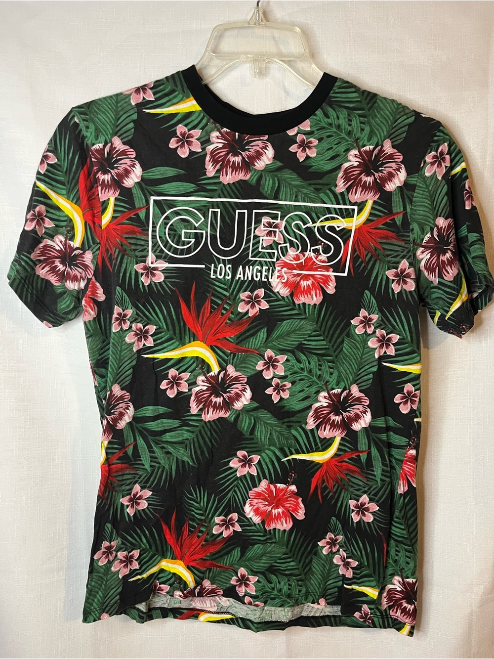 GUESS Black Tropical Floral Logo Tee with Pink & Red Blooms - Picture 1 of 5